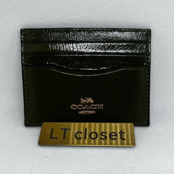 NWT Coach Slim Id Card Case Powder CBL81 Shiny crinkle leather Gold/Olive - Picture 4 of 6